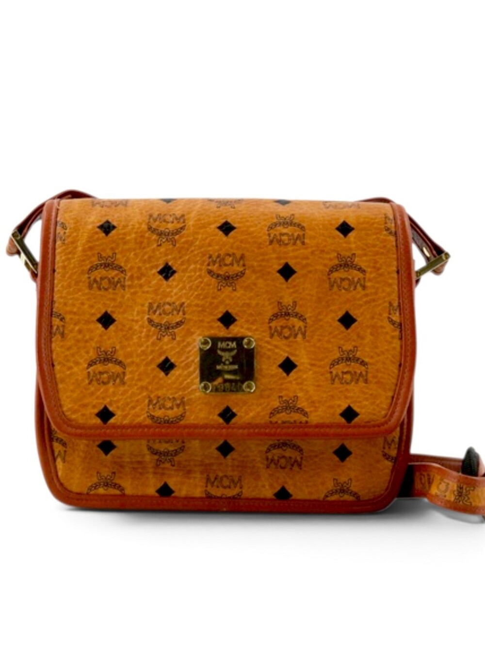 MCM Cognac Brown Visetos Crossbody Bag with Gold Plaque
